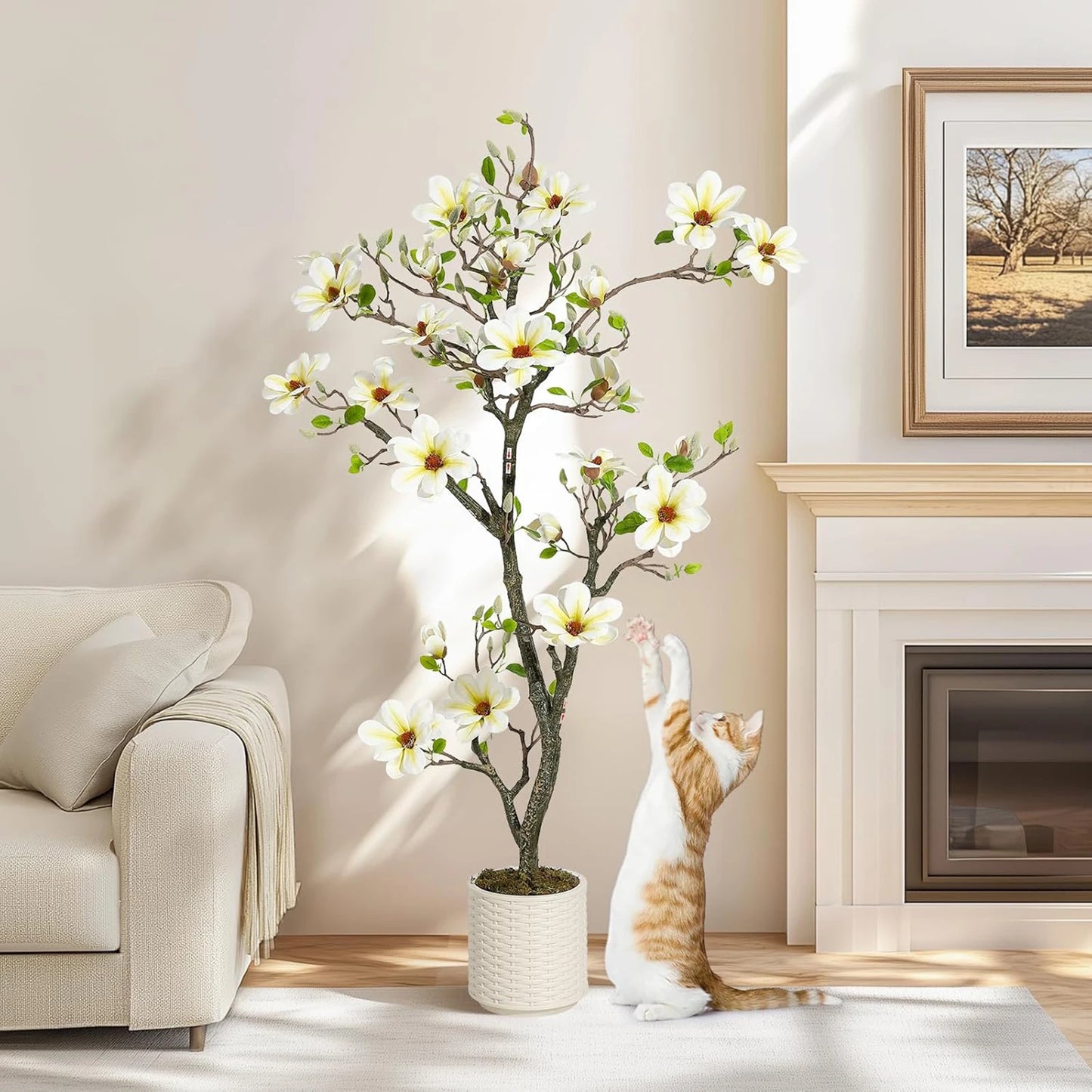 Artificial Magnolia Plant With LED Lights Faux Flower Tree Decor