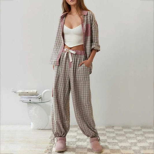 Plaid Print Loungewear Women 2 Piece Set Spring Autumn Vintage Casaul Pajama Button Up Lapel Shirts+Wide Leg Pant Sets Sleepwear