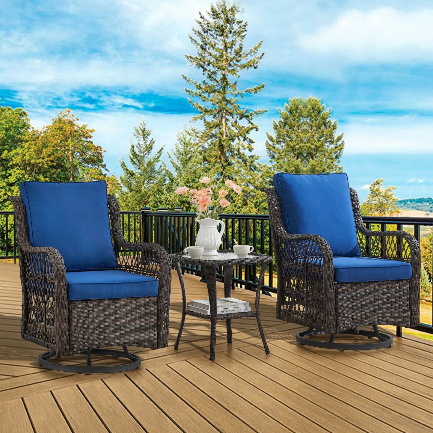 Outdoor Wicker Swivel Chair Set 3 Pieces For Garden Patio