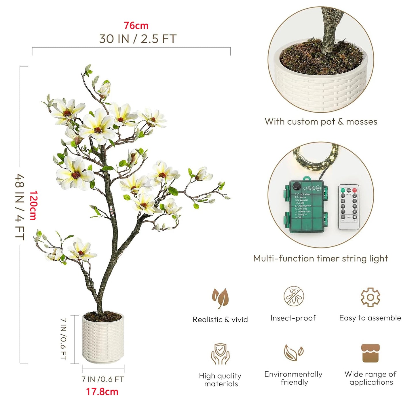 Artificial Magnolia Plant With LED Lights Faux Flower Tree Decor