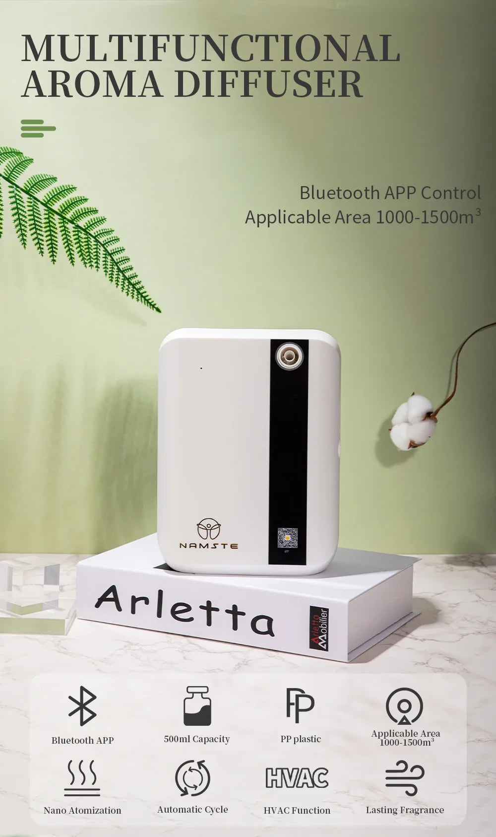 Namste Bluetooth Aroma Diffuser With Essential Oils 1000-1500m3 Coverage