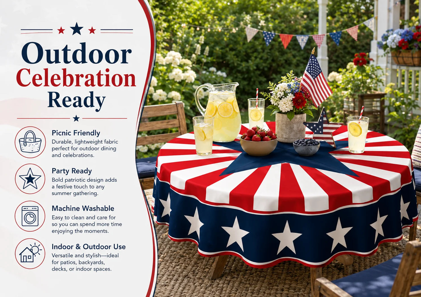 Patriotic Round Tablecloth for Indoor Outdoor Dining