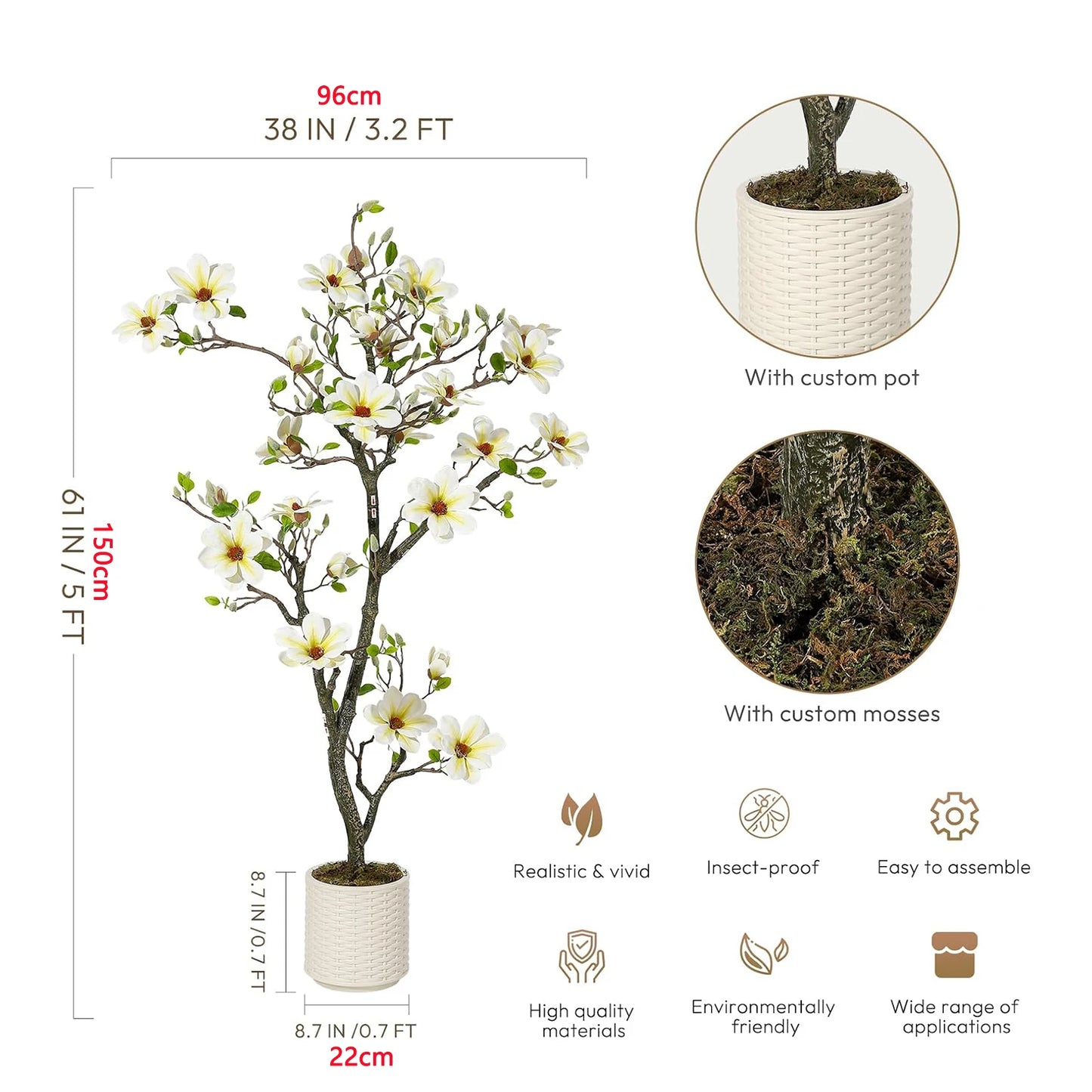 Artificial Magnolia Plant With LED Lights Faux Flower Tree Decor