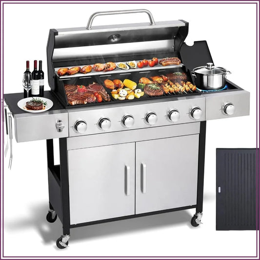 Six Burner Gas Grill With Cast Iron Grates For Backyard