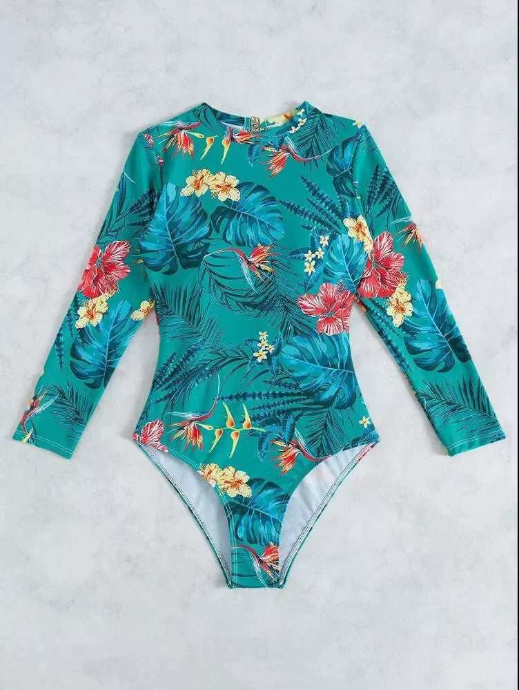 Women's Long Sleeve High Collar Backless One Piece Swimsuit