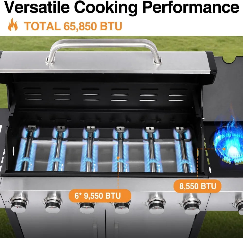 Six Burner Gas Grill With Cast Iron Grates For Backyard