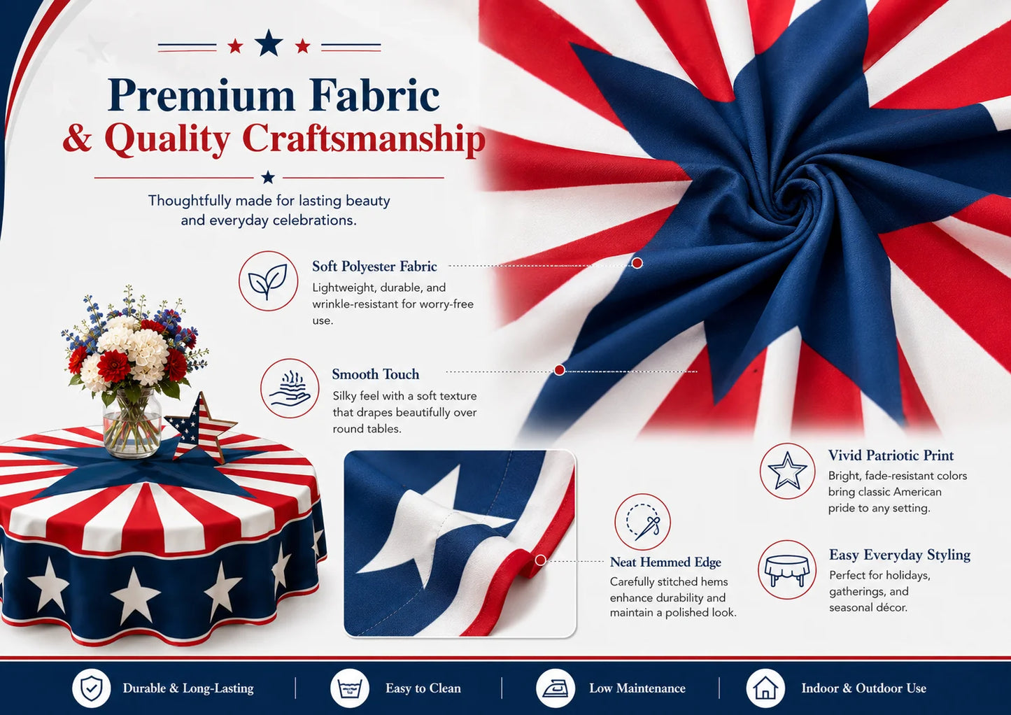 Patriotic Round Tablecloth for Indoor Outdoor Dining